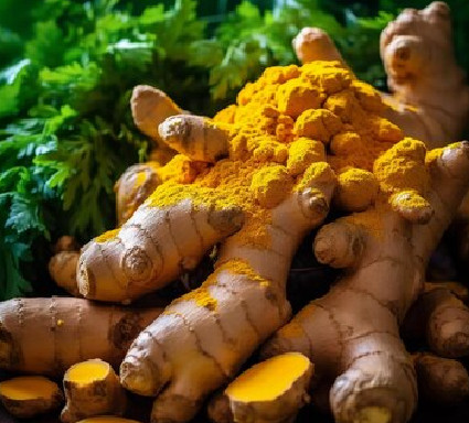 Fresh turmeric roots and vibrant turmeric powder
